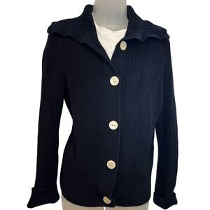 Chaps Navy Button-Up Cardigan with large Collar 100% Cotton